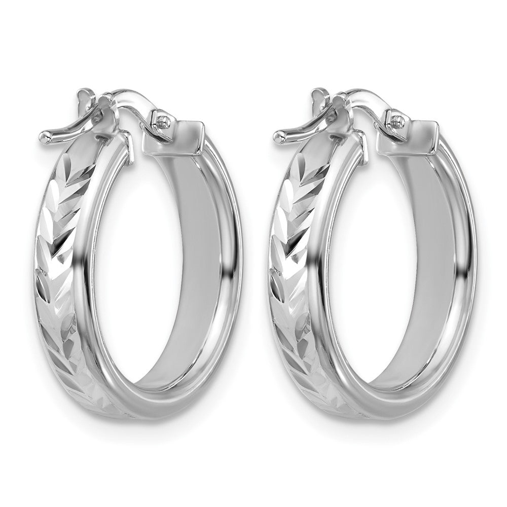 Sterling Silver Rh Plat Polish/Dia Cut Round Hoop Earrings