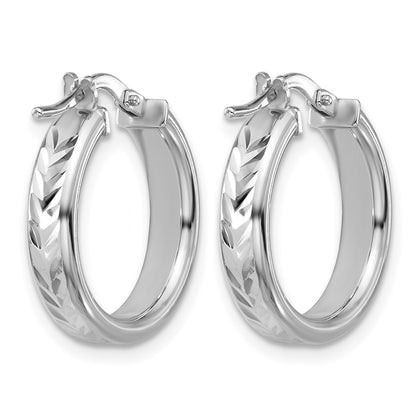 Sterling Silver Rh Plat Polish/Dia Cut Round Hoop Earrings