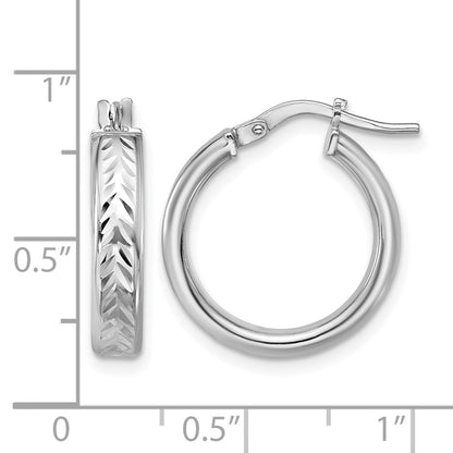 Sterling Silver Rh Plat Polish/Dia Cut Round Hoop Earrings