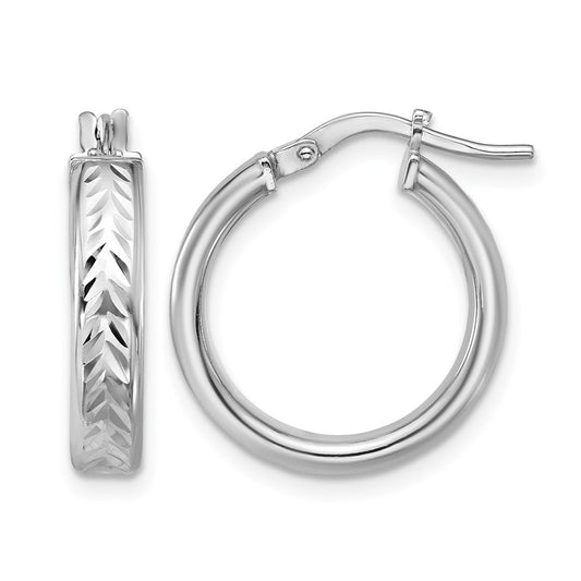 Sterling Silver Rh Plat Polish/Dia Cut Round Hoop Earrings