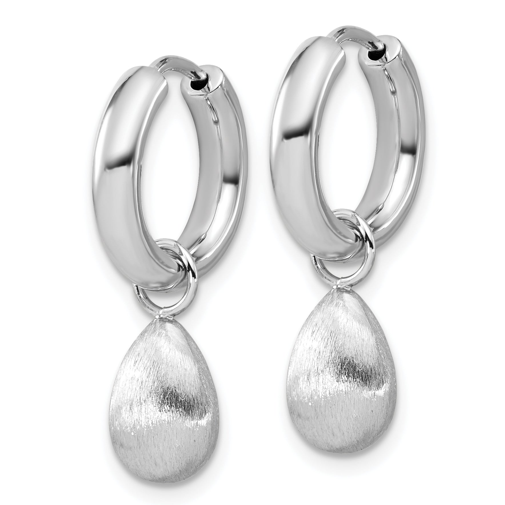 Sterling Silver Ss Rh Plat Polish/Brushed Teardrop Huggie Hoop Earrings