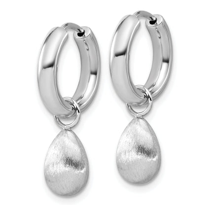 Sterling Silver Ss Rh Plat Polish/Brushed Teardrop Huggie Hoop Earrings