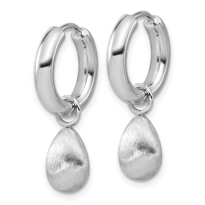 Sterling Silver Ss Rh Plat Polish/Brushed Teardrop Huggie Hoop Earrings