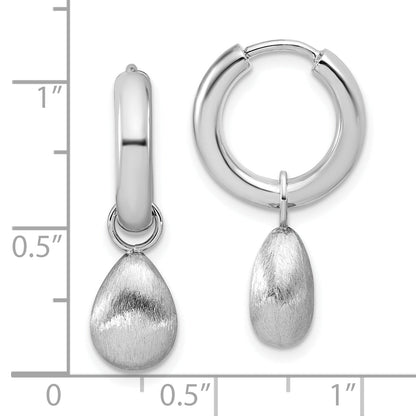 Sterling Silver Ss Rh Plat Polish/Brushed Teardrop Huggie Hoop Earrings