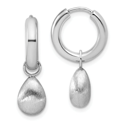 Sterling Silver Ss Rh Plat Polish/Brushed Teardrop Huggie Hoop Earrings