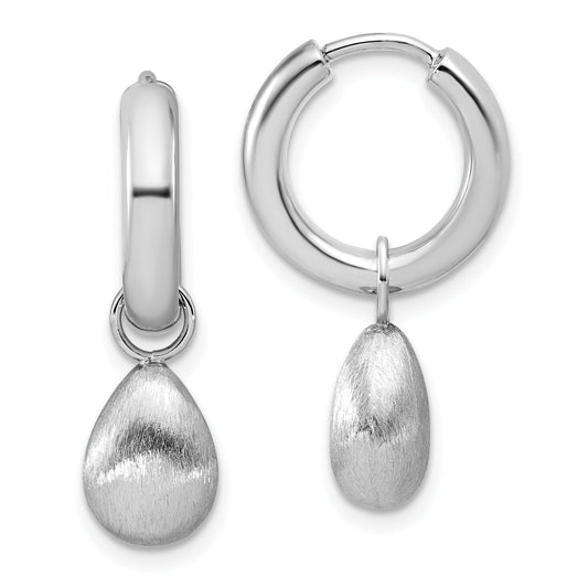 Sterling Silver Ss Rh Plat Polish/Brushed Teardrop Huggie Hoop Earrings