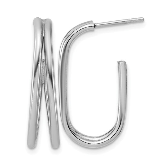 Sterling Silver Rh Plated Polished Oval J Hoop Post Earrings