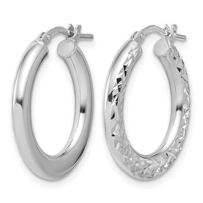 Sterling Silver Rh Plated Polished / Dia Cut Hoop Earrings