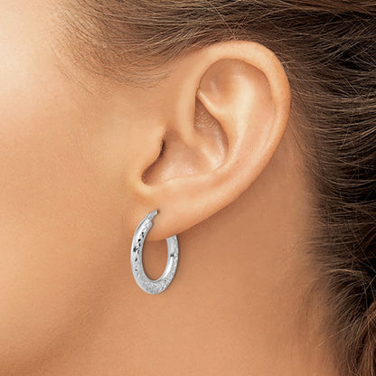 Sterling Silver Rh Plated Polished / Dia Cut Hoop Earrings