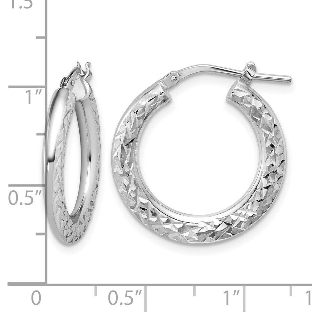 Sterling Silver Rh Plated Polished / Dia Cut Hoop Earrings