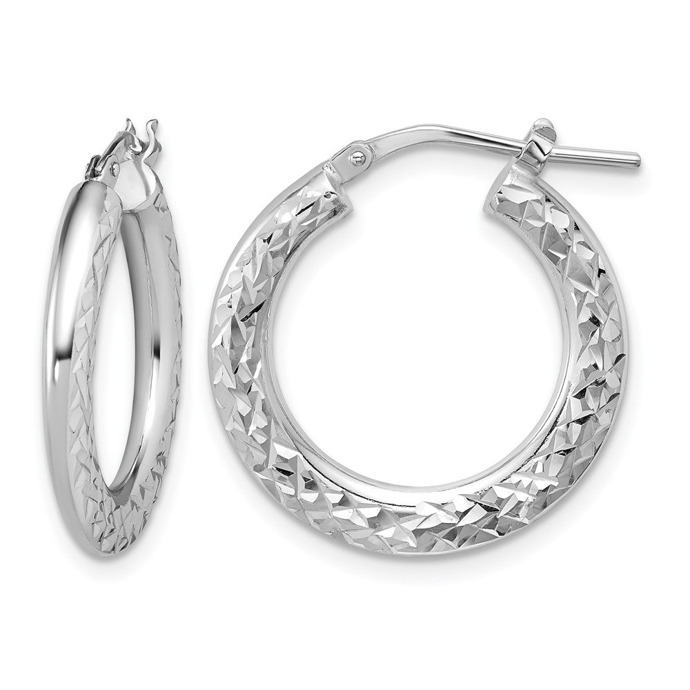 Sterling Silver Rh Plated Polished / Dia Cut Hoop Earrings
