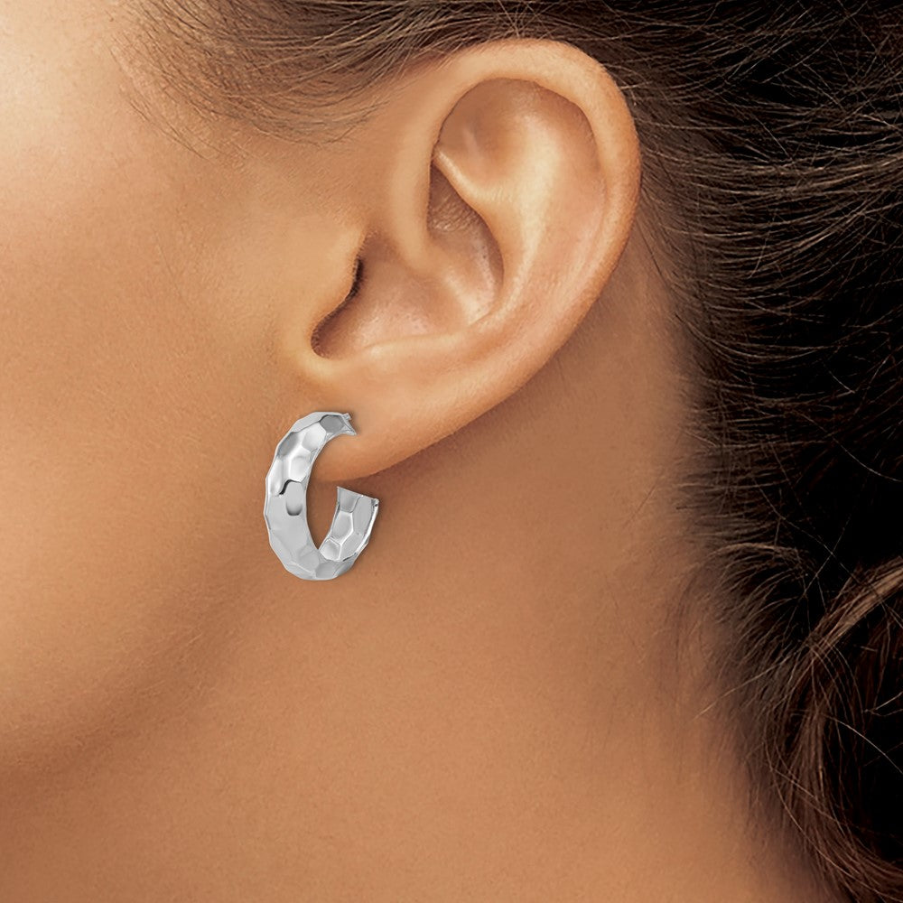 Sterling Silver Rh Plat Polish Textured Post J Hoop Earrings