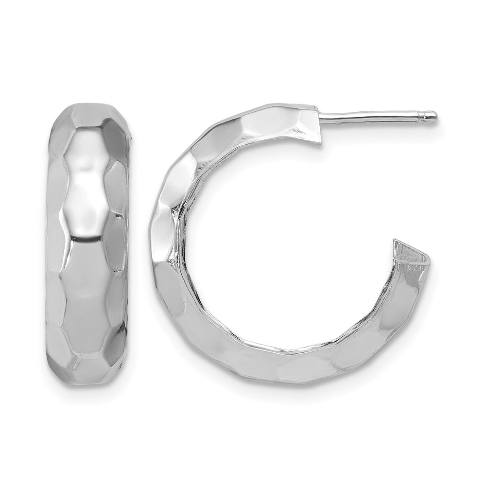 Sterling Silver Rh Plat Polish Textured Post J Hoop Earrings