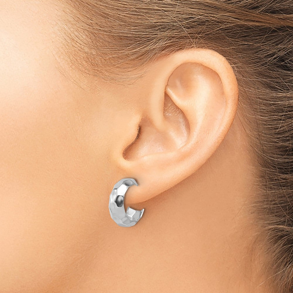 Sterling Silver Rh Plat Polish Textured Post J Hoop Earrings