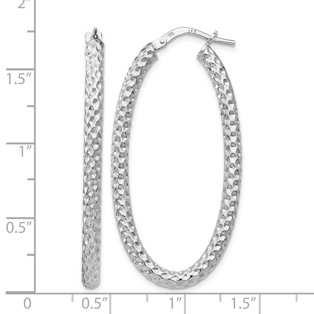 Sterling Silver Rh Plt Polish/Textured Oval Hinged Hoop Earrings