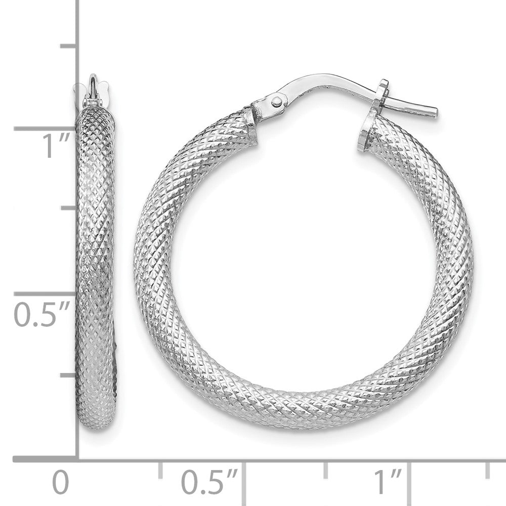 Sterling Silver Rh Plated Textured Hinged Hoop Earrings