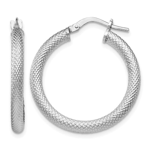 Sterling Silver Rh Plated Textured Hinged Hoop Earrings