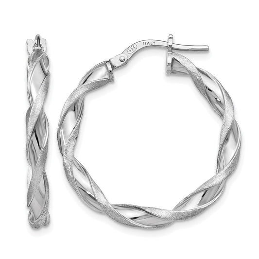 Sterling Silver Polished And Scratch-Finish Twisted Hoop Earrings