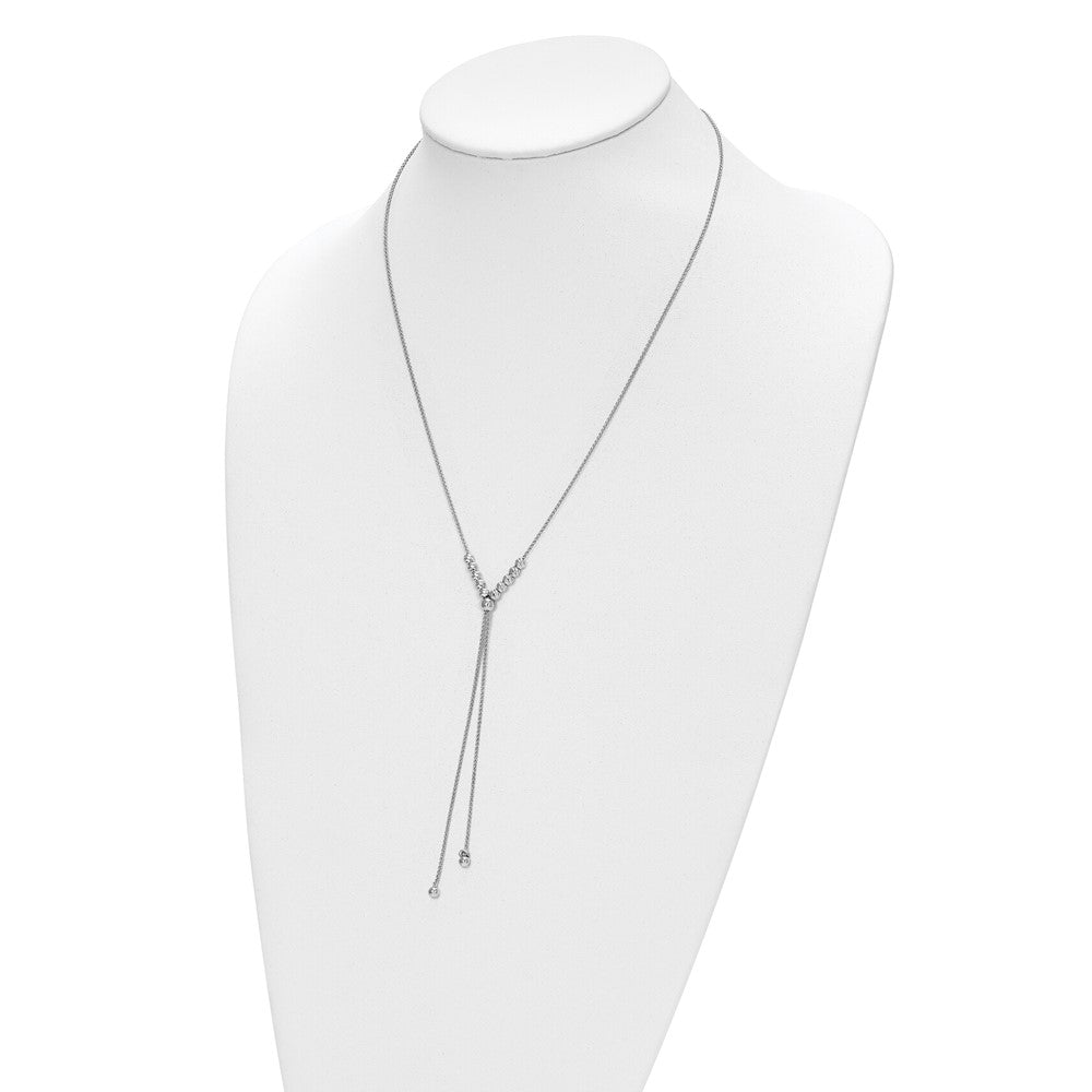 Sterling Silver Rh Plated Polish/Dia Cut Beads Adj. Necklace