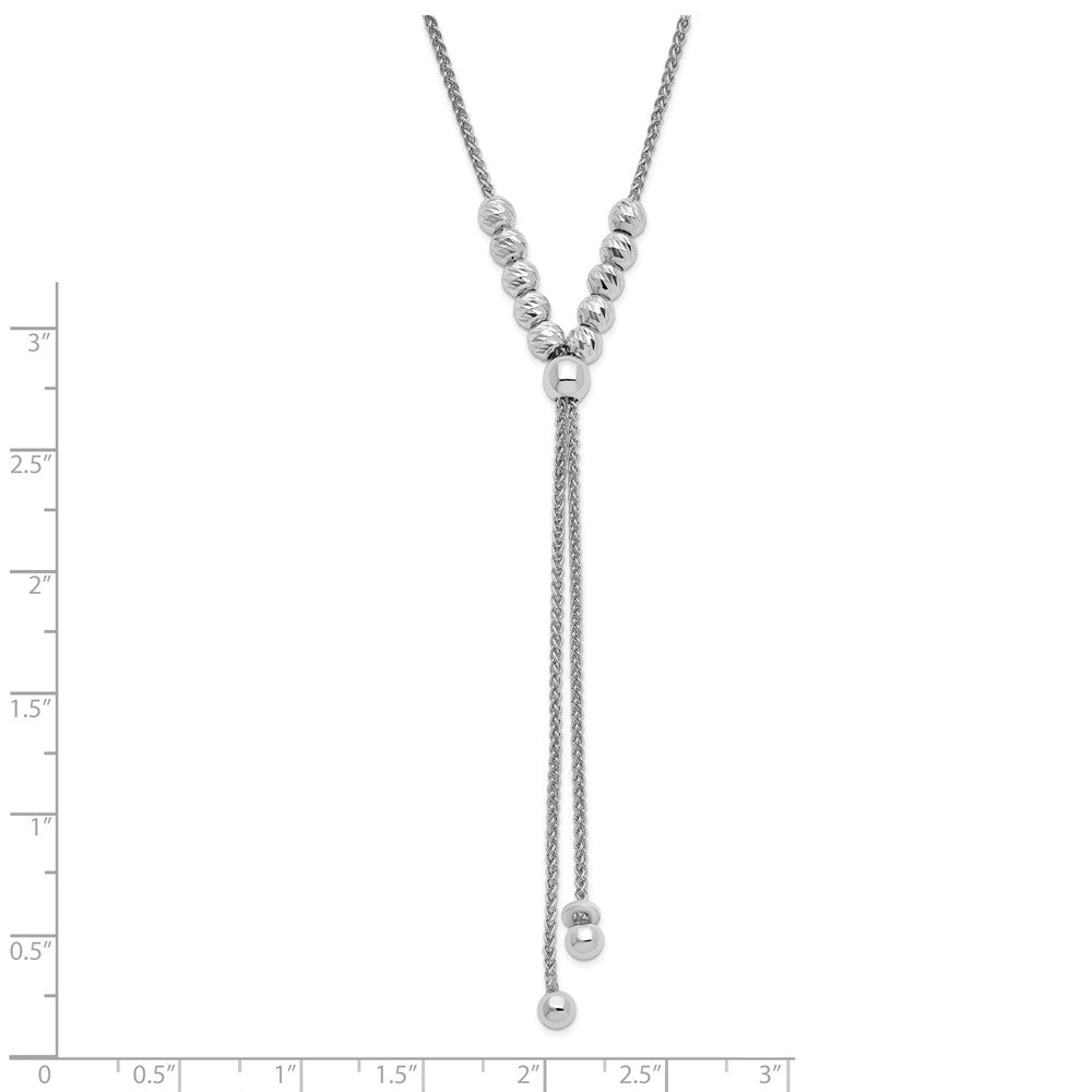 Sterling Silver Rh Plated Polish/Dia Cut Beads Adj. Necklace