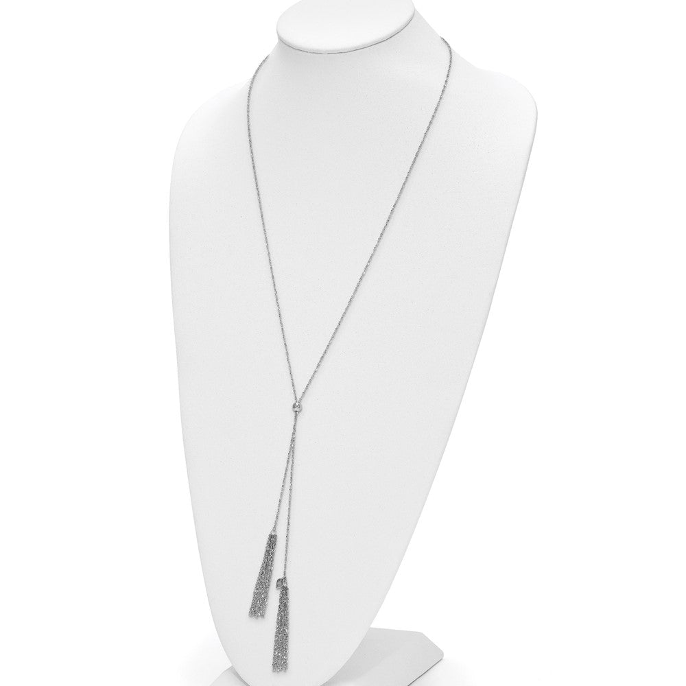 Sterling Silver Rh Plat Polished Adjustable Tassel Necklace