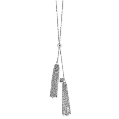 Sterling Silver Rh Plat Polished Adjustable Tassel Necklace