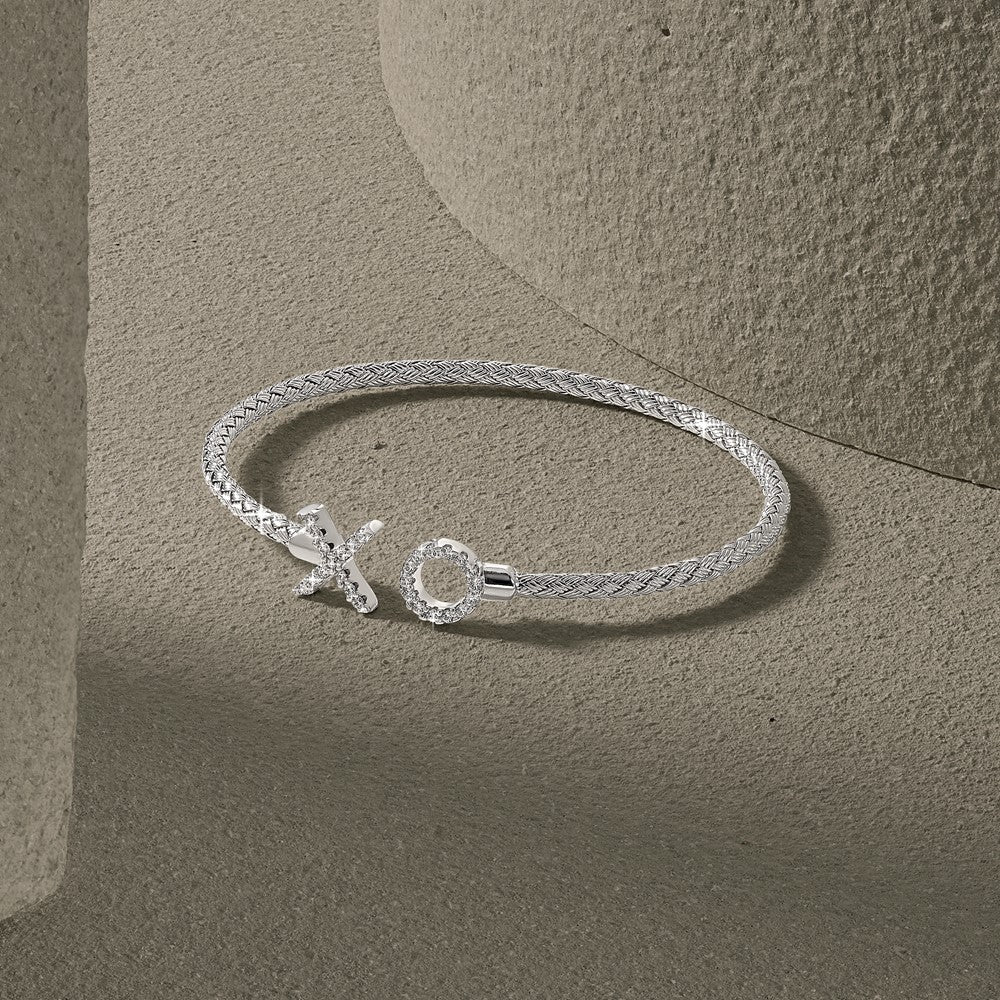Sterling Silver Rhod Plat Polished Cz X & O Woven Flexible Cuff