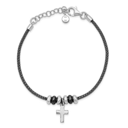 Sterling Silver Rhod And Ruth Plated Cross W/ 1In Ext Bracelet