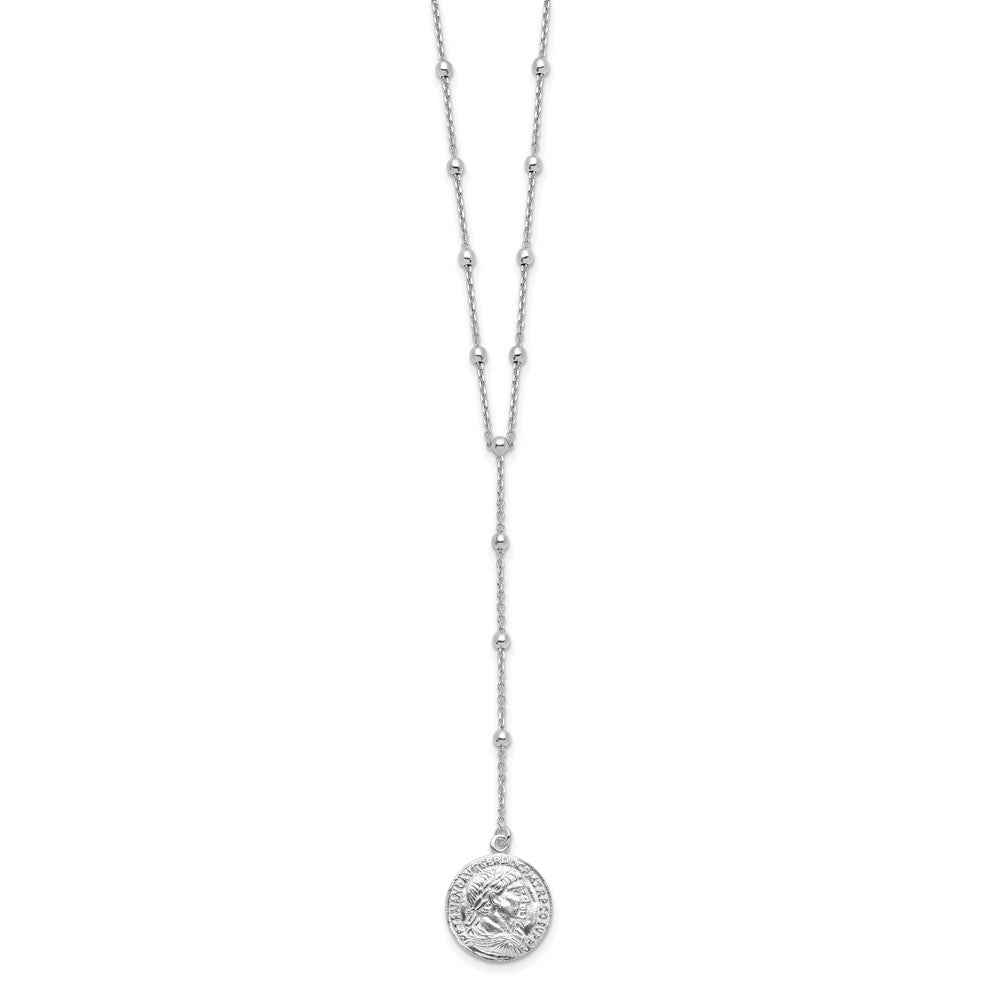 Sterling Silver Rhod Plated Roman Coin Y Drop In Ext. Necklace