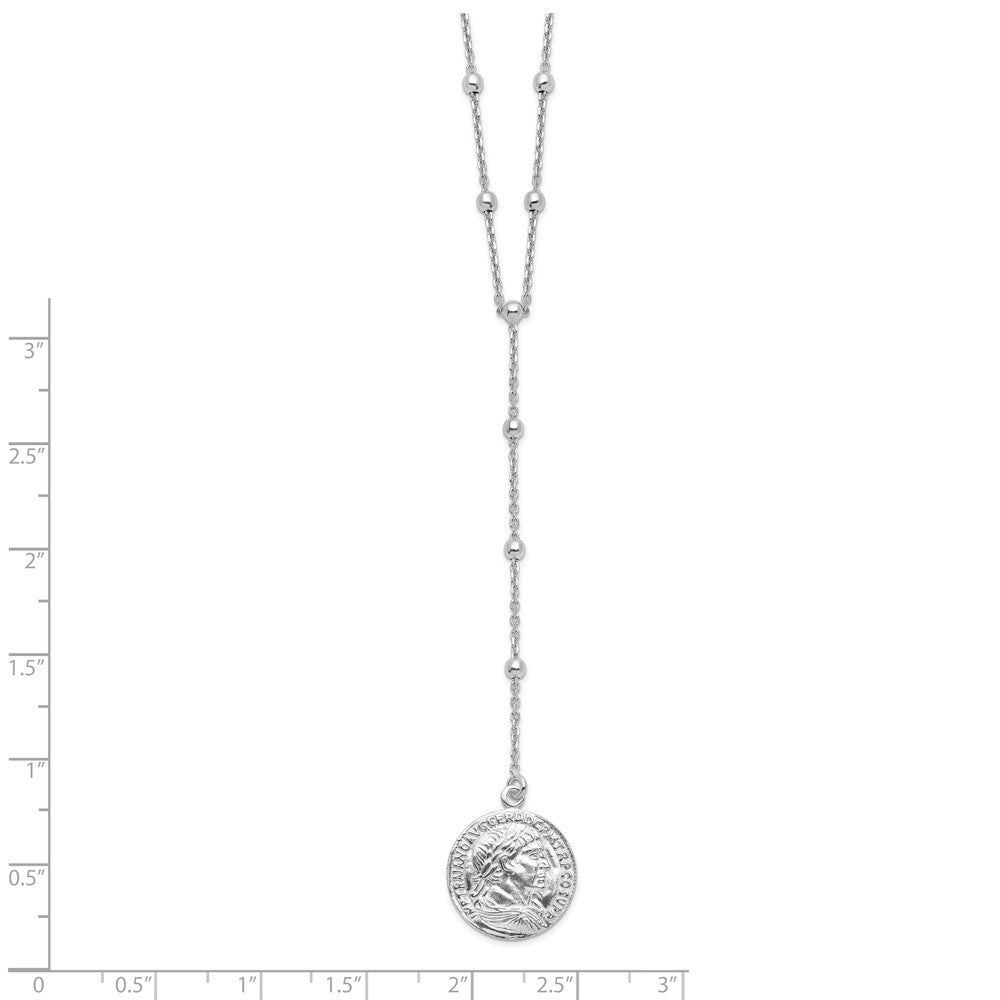 Sterling Silver Rhod Plated Roman Coin Y Drop In Ext. Necklace