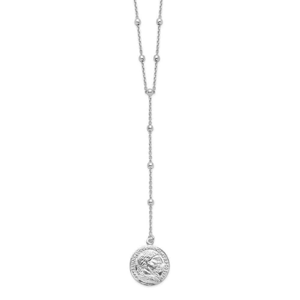 Sterling Silver Rhod Plated Roman Coin Y Drop In Ext. Necklace