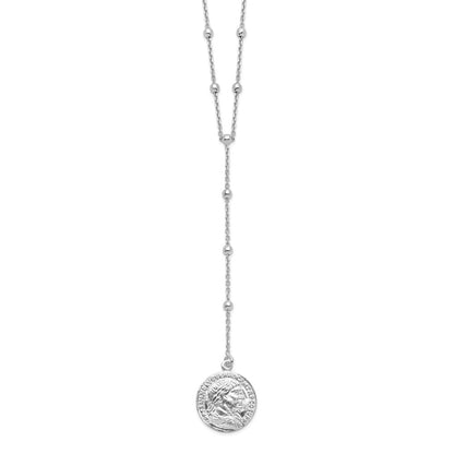 Sterling Silver Rhod Plated Roman Coin Y Drop In Ext. Necklace