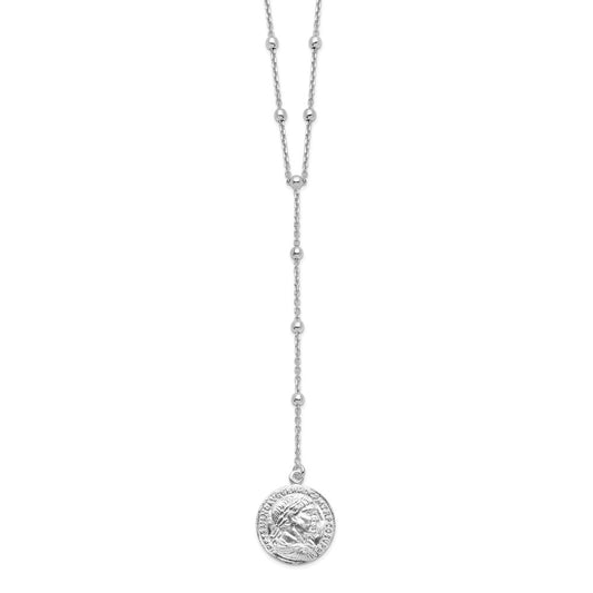 Sterling Silver Rhod Plated Roman Coin Y Drop In Ext. Necklace