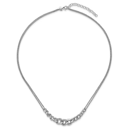 Sterling Silver Rhod Pl Textured Link 2 Strand W/ 2In Ext Necklace