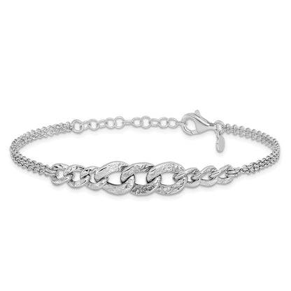 Sterling Silver Rhod Pl Textured Link 2 Strand W/ 1In Ext Bracelet