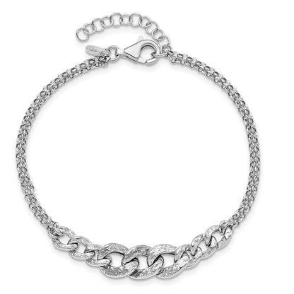 Sterling Silver Rhod Pl Textured Link 2 Strand W/ 1In Ext Bracelet