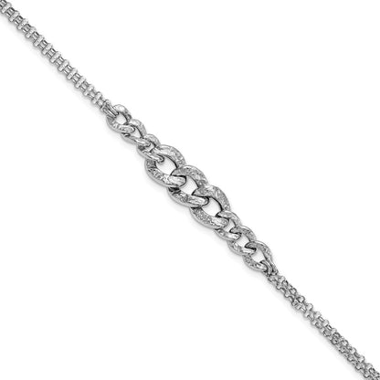 Sterling Silver Rhod Pl Textured Link 2 Strand W/ 1In Ext Bracelet