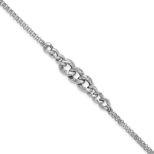 Sterling Silver Rhod Pl Textured Link 2 Strand W/ 1In Ext Bracelet