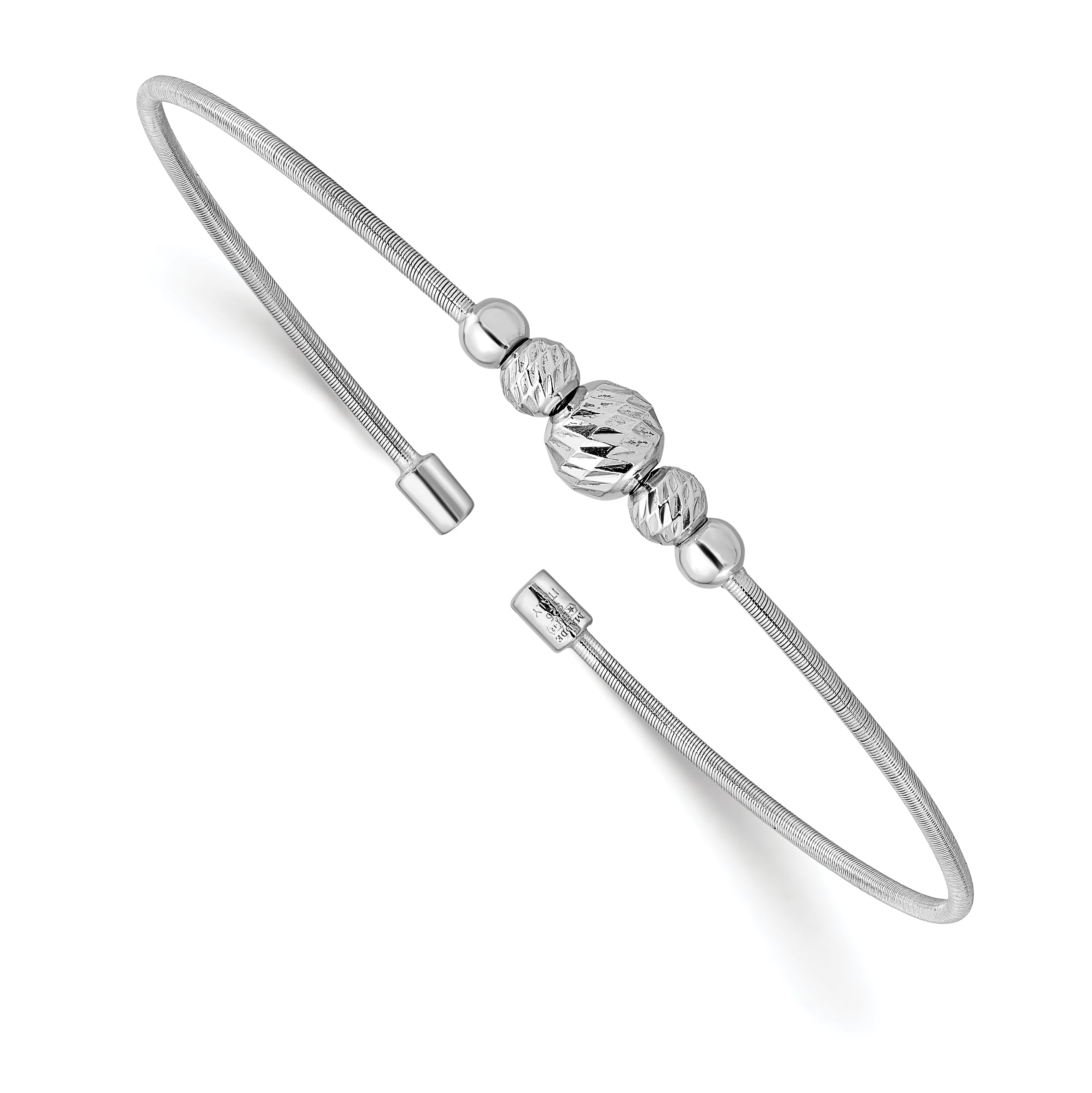 Sterling Silver Rhodium Plated D/C Beaded Cuff Bangle