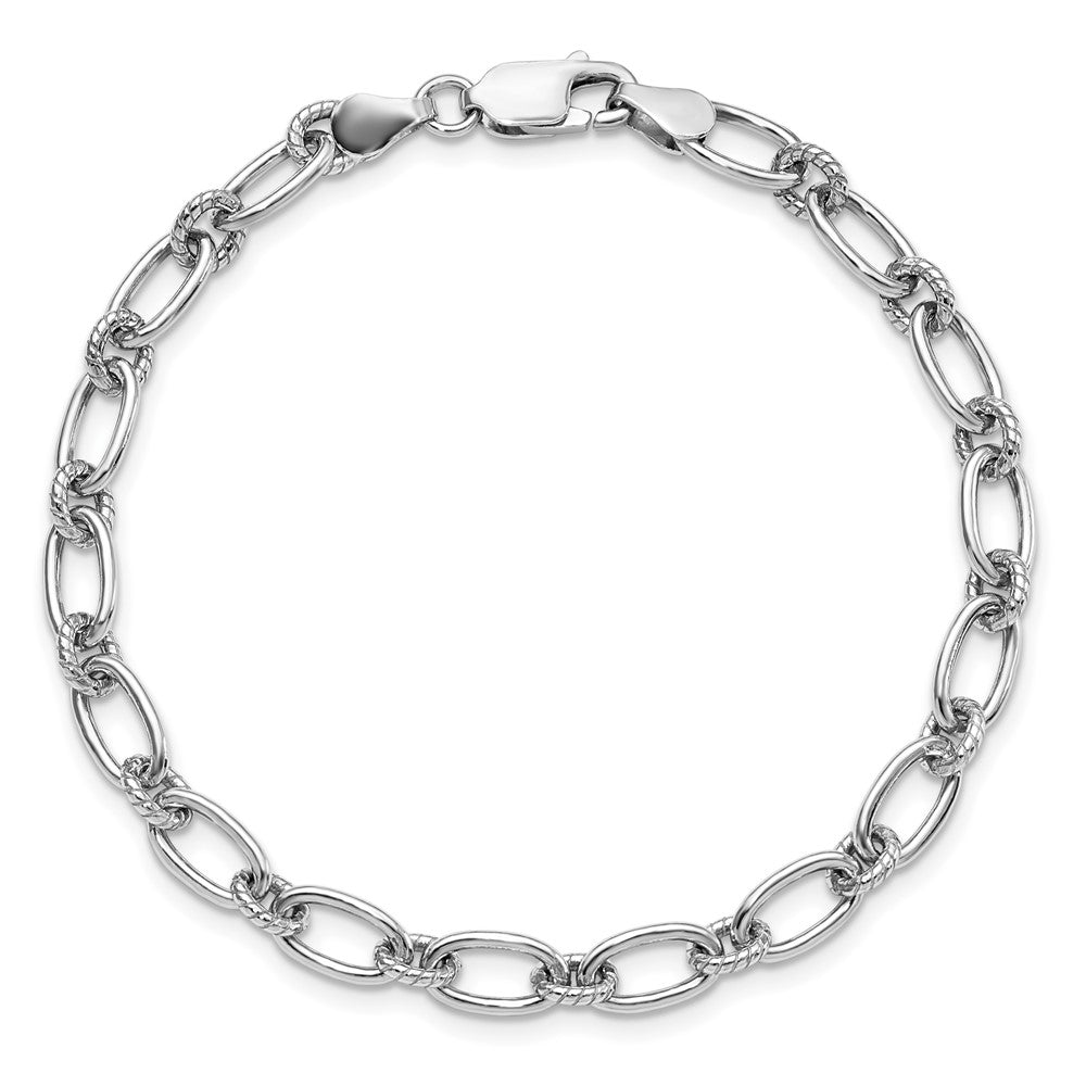 Sterling Silver Rhod Plated Textured Fancy Link Bracelet
