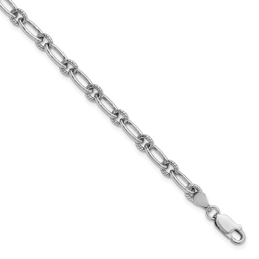 Sterling Silver Rhod Plated Textured Fancy Link Bracelet