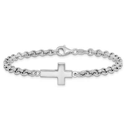 Sterling Silver Rhodium Plated Cross Rolo Bracelet