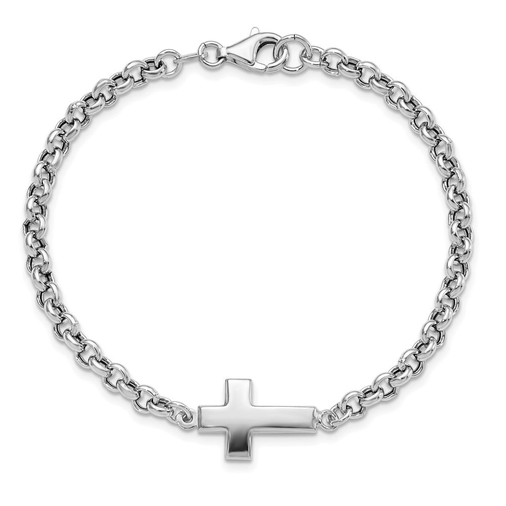 Sterling Silver Rhodium Plated Cross Rolo Bracelet