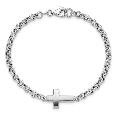 Sterling Silver Rhodium Plated Cross Rolo Bracelet