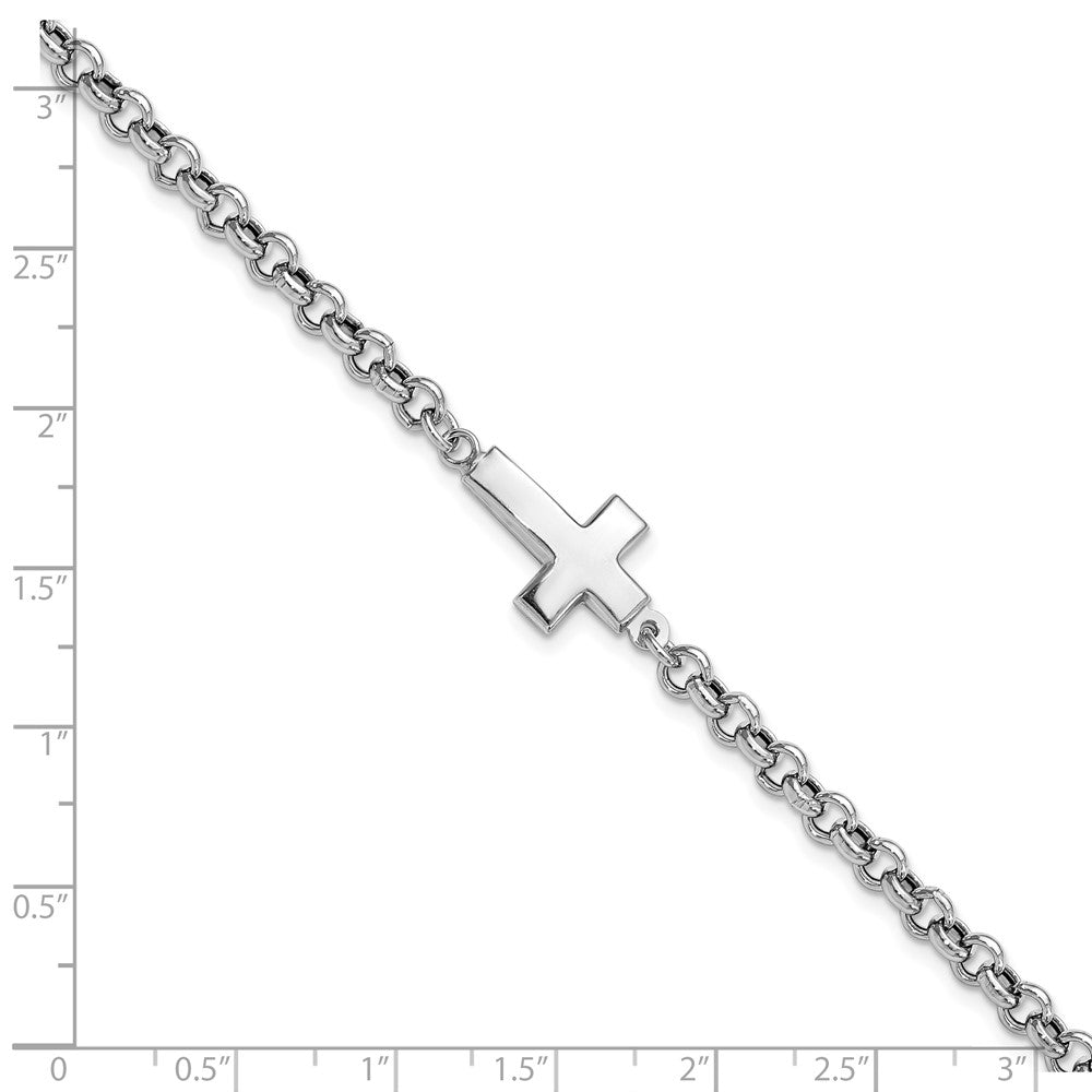 Sterling Silver Rhodium Plated Cross Rolo Bracelet