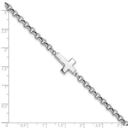 Sterling Silver Rhodium Plated Cross Rolo Bracelet