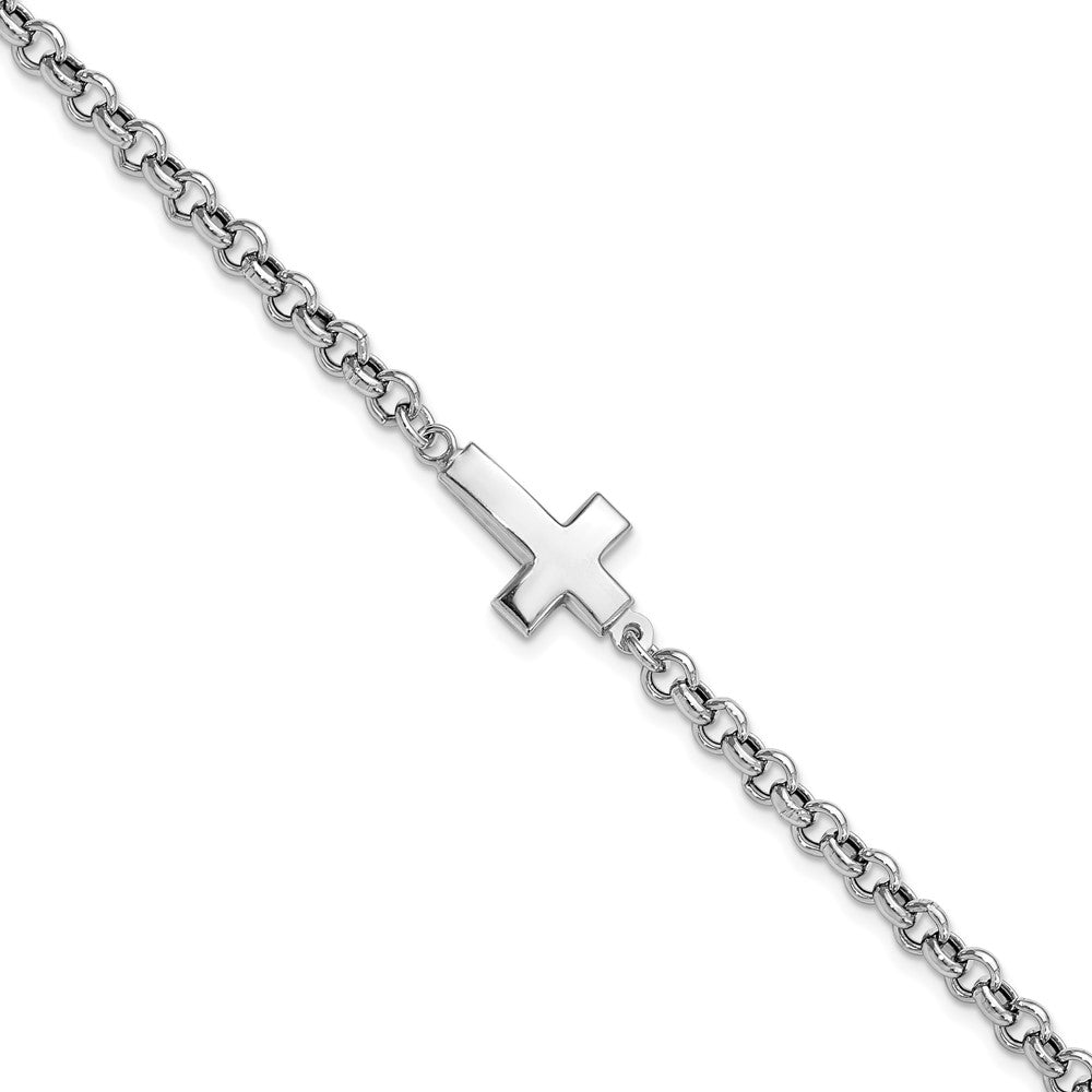 Sterling Silver Rhodium Plated Cross Rolo Bracelet