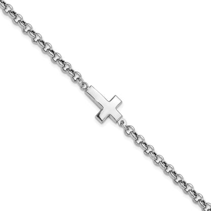 Sterling Silver Rhodium Plated Cross Rolo Bracelet