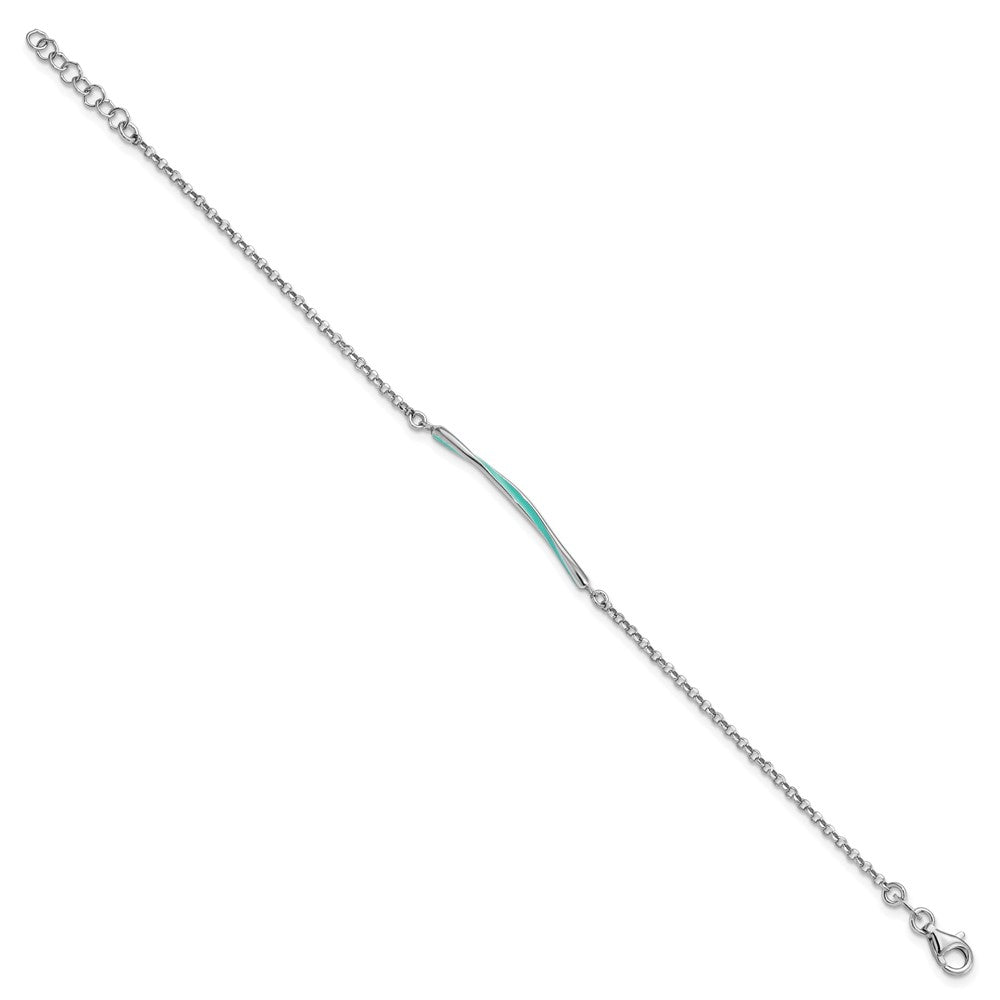 Sterling Silver Rhodium Pl Aqua Enamel W/ .75In Ext. Bracelet