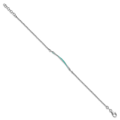 Sterling Silver Rhodium Pl Aqua Enamel W/ .75In Ext. Bracelet